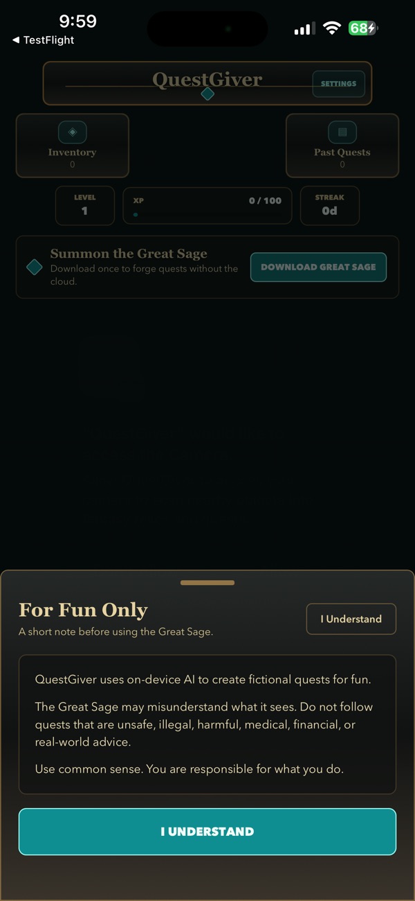 QuestGiver’s Great Sage camera interface
